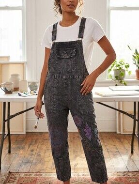 Himalaya Handmade Washed Black Women's Denim Overalls with Purple Patch Details
